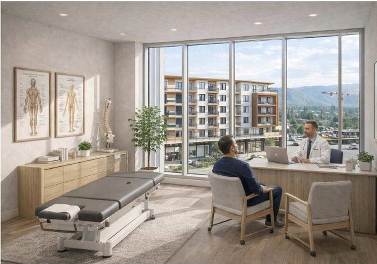 Rendering of a treatment room looking toward the mountains