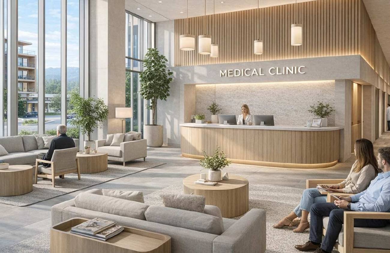 Rendering of a bright clinic lobby with reception desk, waiting area and floor-to-ceiling windows