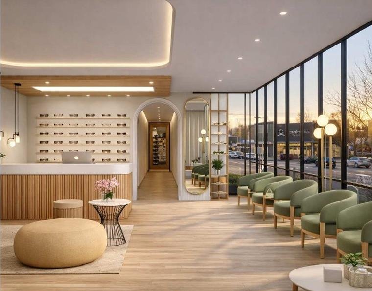Rendering of a clinic waiting area with green seating and a glazed corner