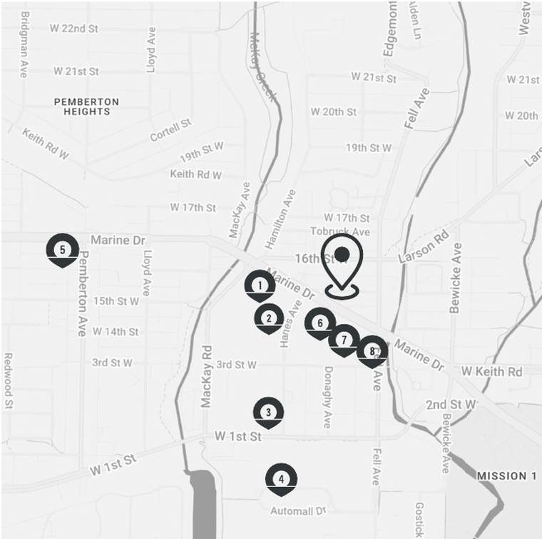 Map of nearby amenities around 835 to 845 W15th Street, numbered one to eight