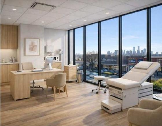 Rendering of an examination room with city views